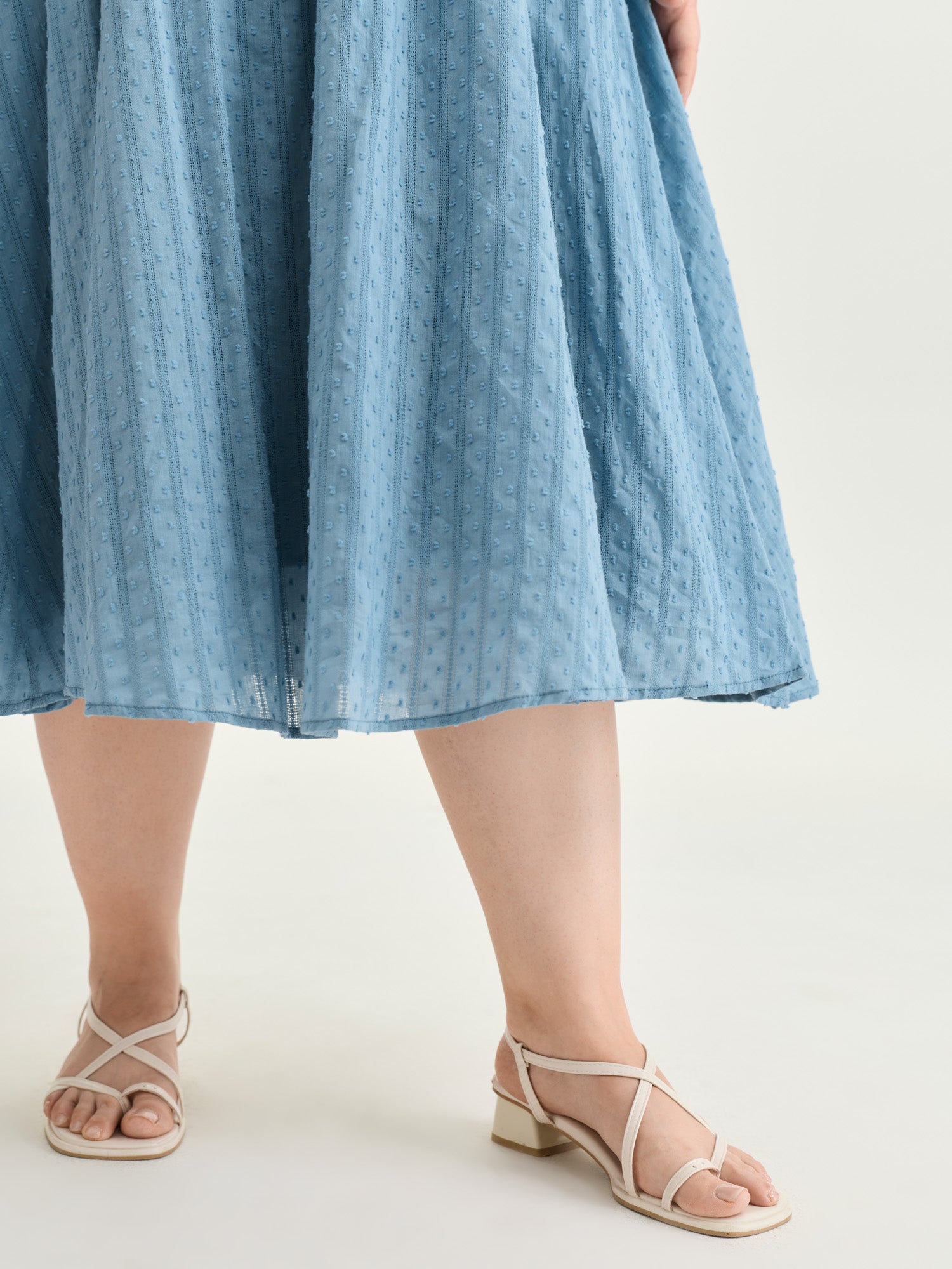 Textured Shirred Bodice Ruffled Straps Midi Dress