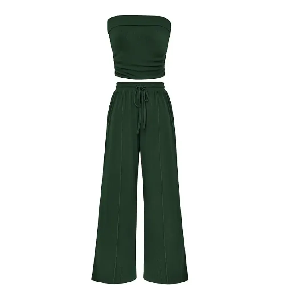 Womens Summer Outfits 2 Piece Sets Casual Ribbed Knit Crop Tube Top Wide Leg Pants