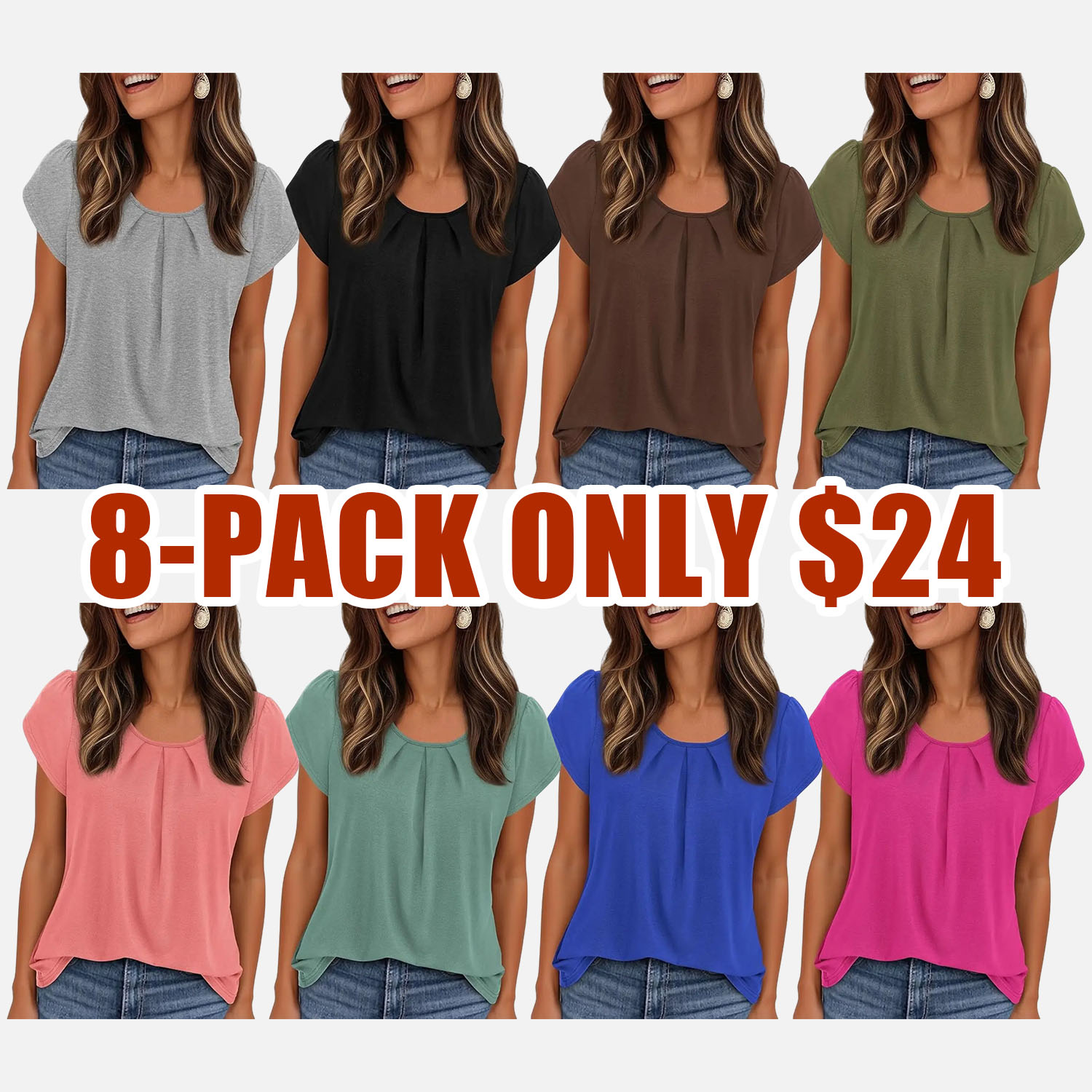 Pleated Crew Neck Summer T-Shirt for Women – Soft Stretch Short Sleeve Casual Top