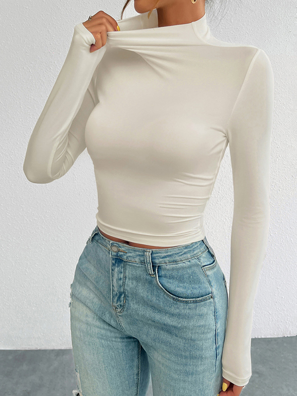 Solid Color Long Sleeves Skinny High Neck T-Shirts Tops