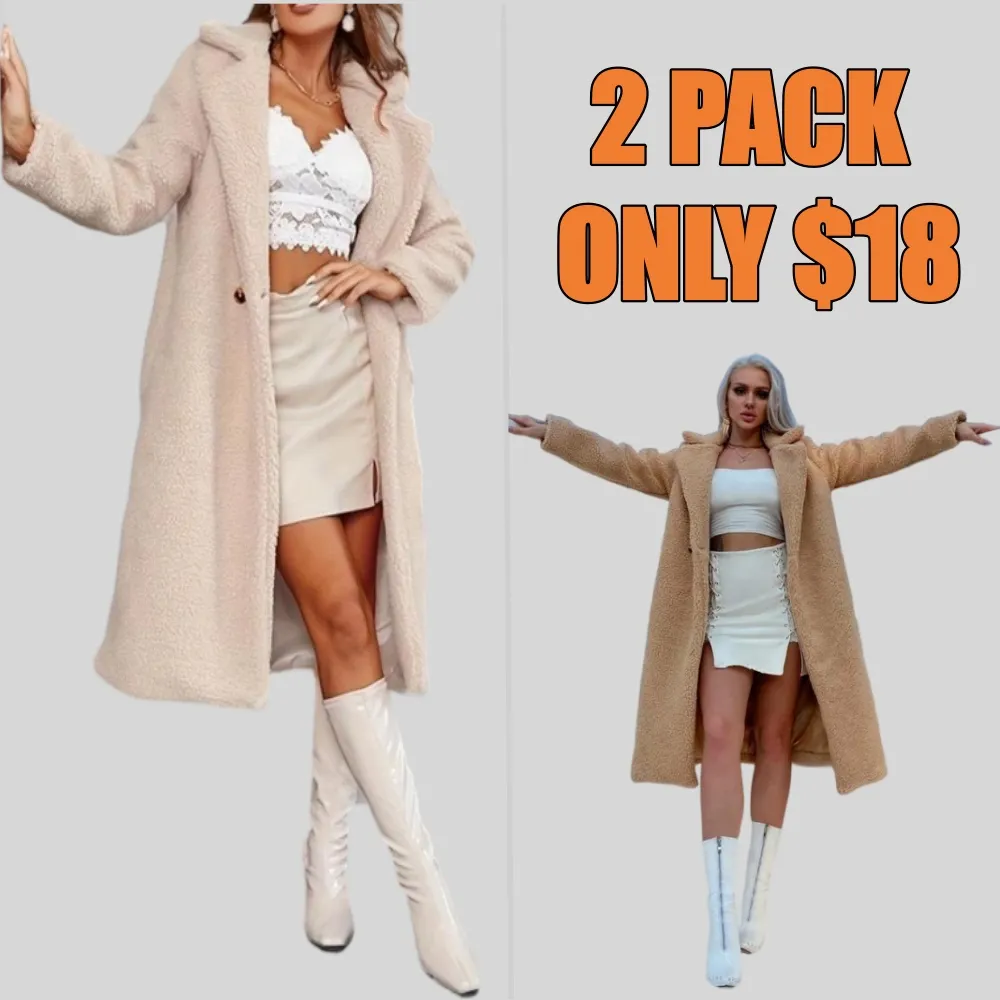 Women Faux Fur Pocket Button Lapel Coat