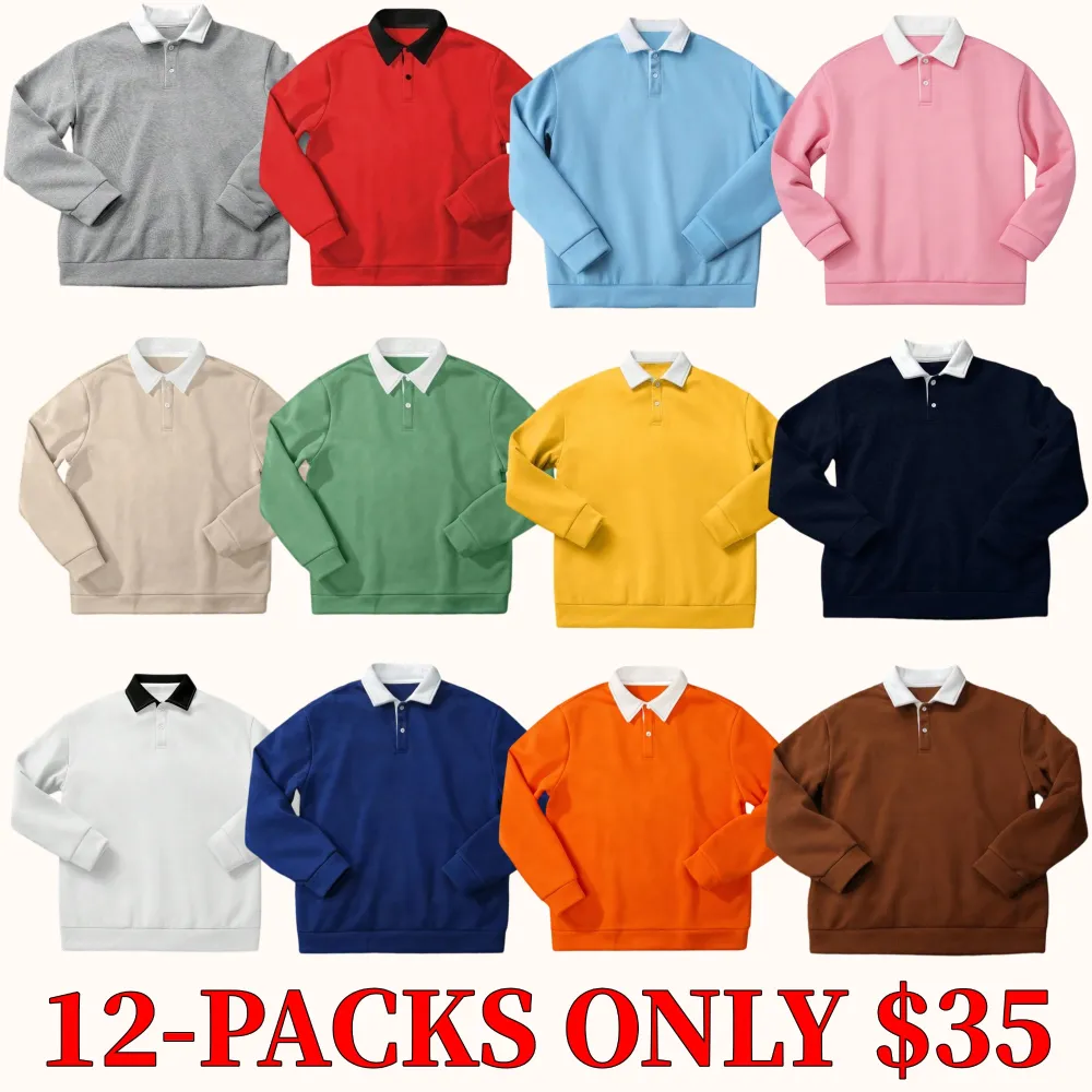 Men's loose-fitting, color-block, collared, long-sleeved polo shirt
