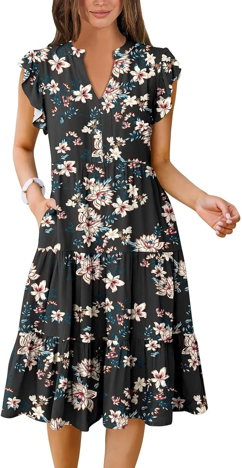 Women's Ruffle Sleeve V-Neck Tiered Midi Dress