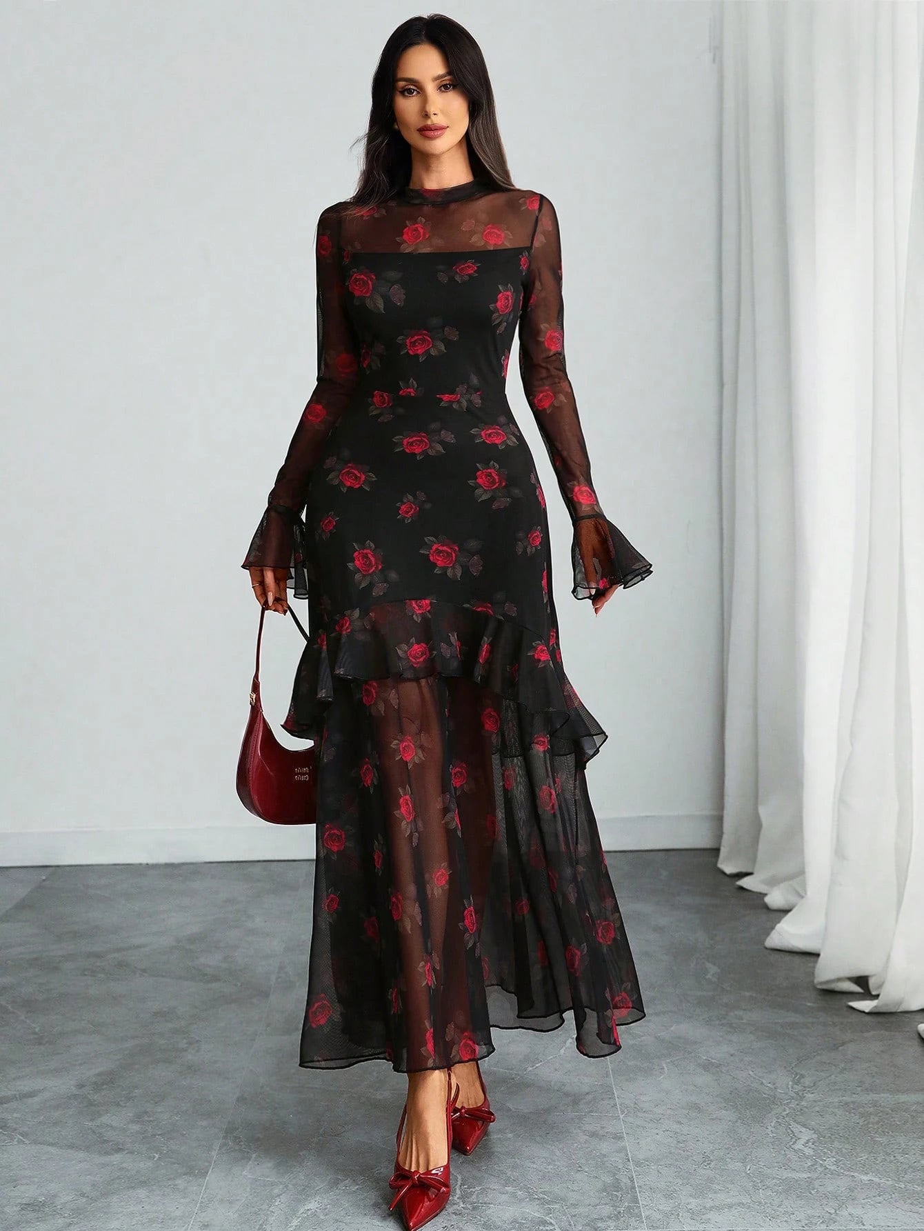 Women's Gothic Elegant Sexy Mesh Splicing Colorful Print Retro Petal Sleeves Ruffle Mermaid Hem Double Layer Dress