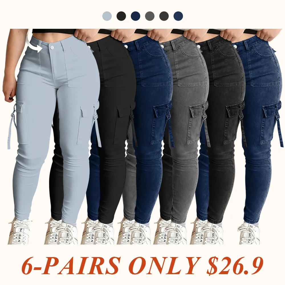 Women's Plain Multi-pocket Denim Cargo Pants