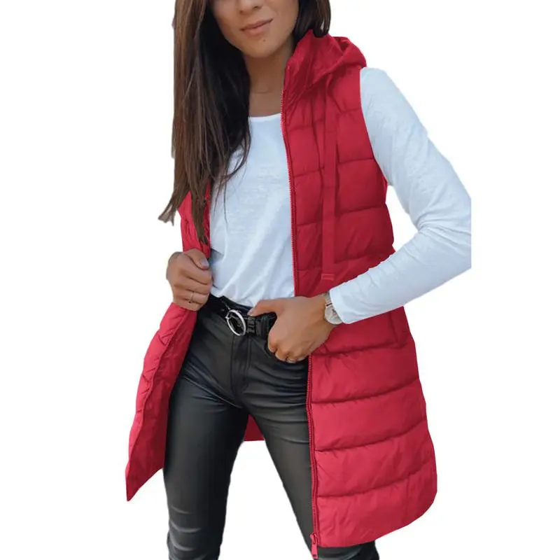 Women Long Vest Solid Color Sleeveless Hood Winter Puffer Vest Outwear
