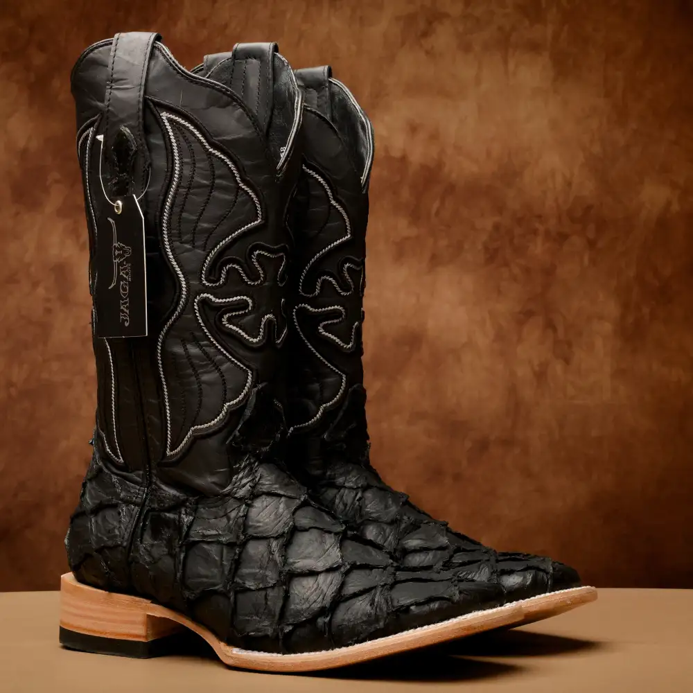 Matte Black Jumbo Pirarucu Leather Boots - Square Toe