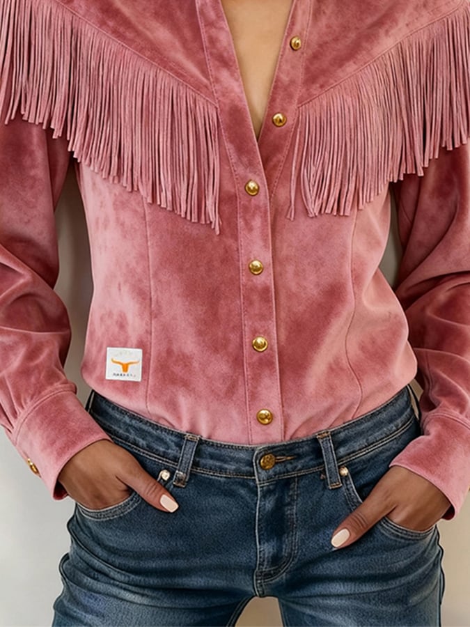 Women's Retro Collared Long-Sleeved Tassel Shirt