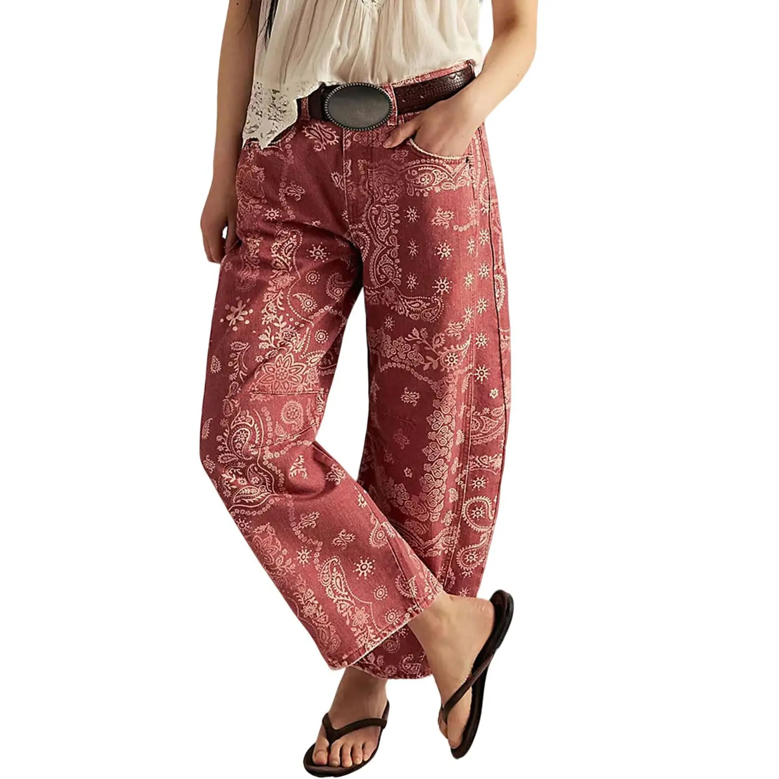 Women’s Printed Wide-Leg Denim Jeans – Y2K Loose Mid-Rise Boho Style