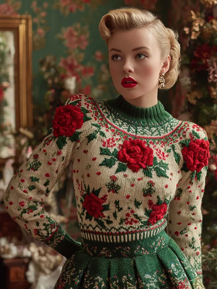 Women's Vintage Christmas Rose Fair Isle Holly Leaf Jacquard Sweater