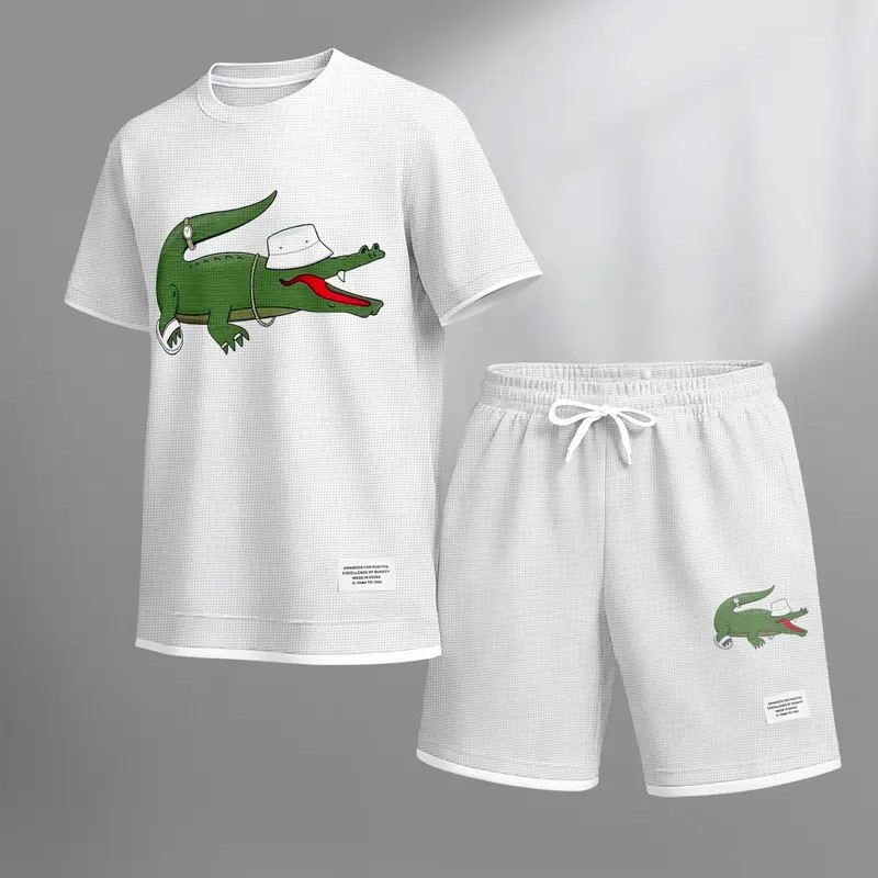 Men's Waffle Knit Two-Piece Set – Breathable Short Sleeve & Drawstring Shorts