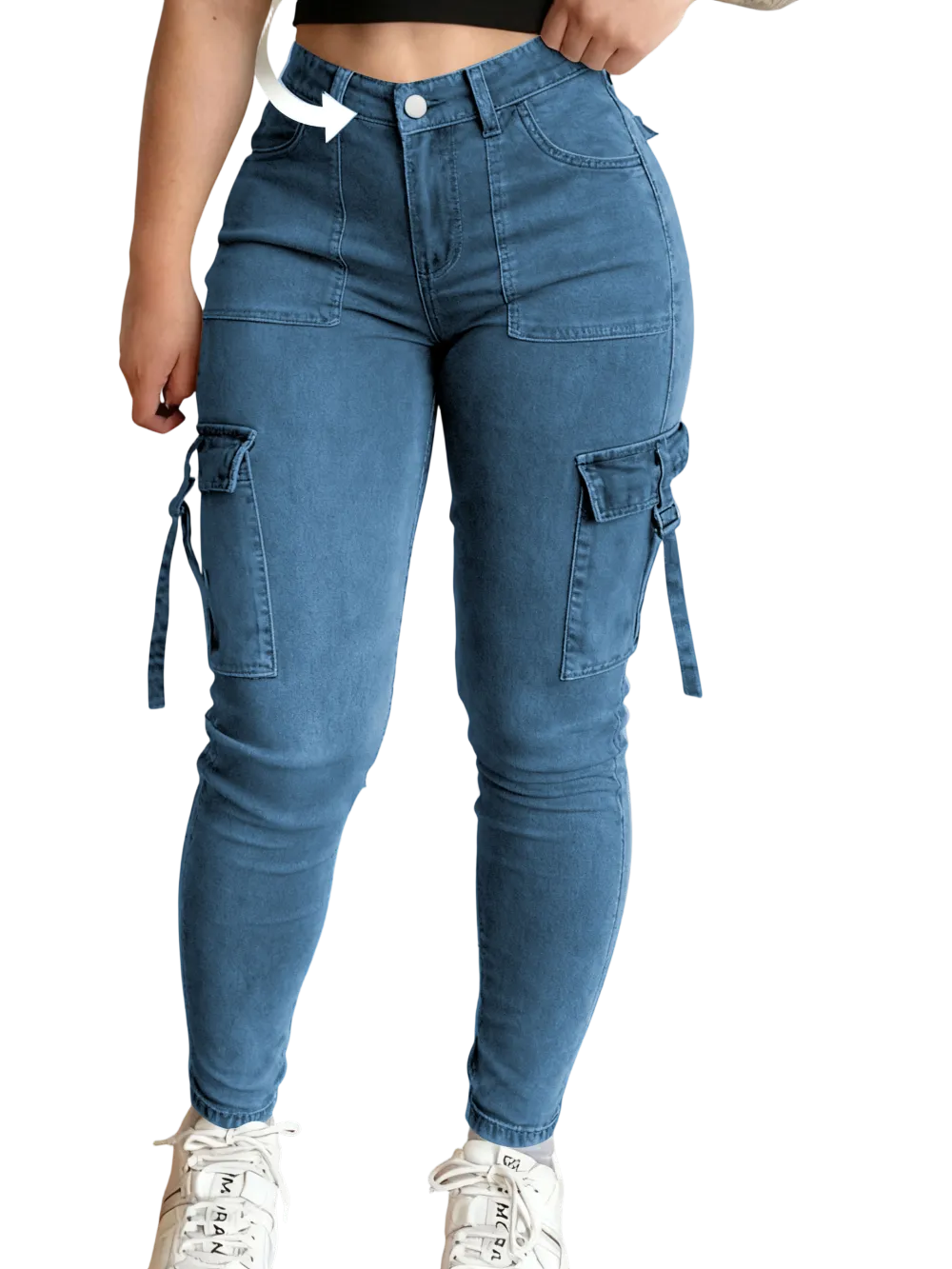 Women's solid color multi-pocket denim cargo pants