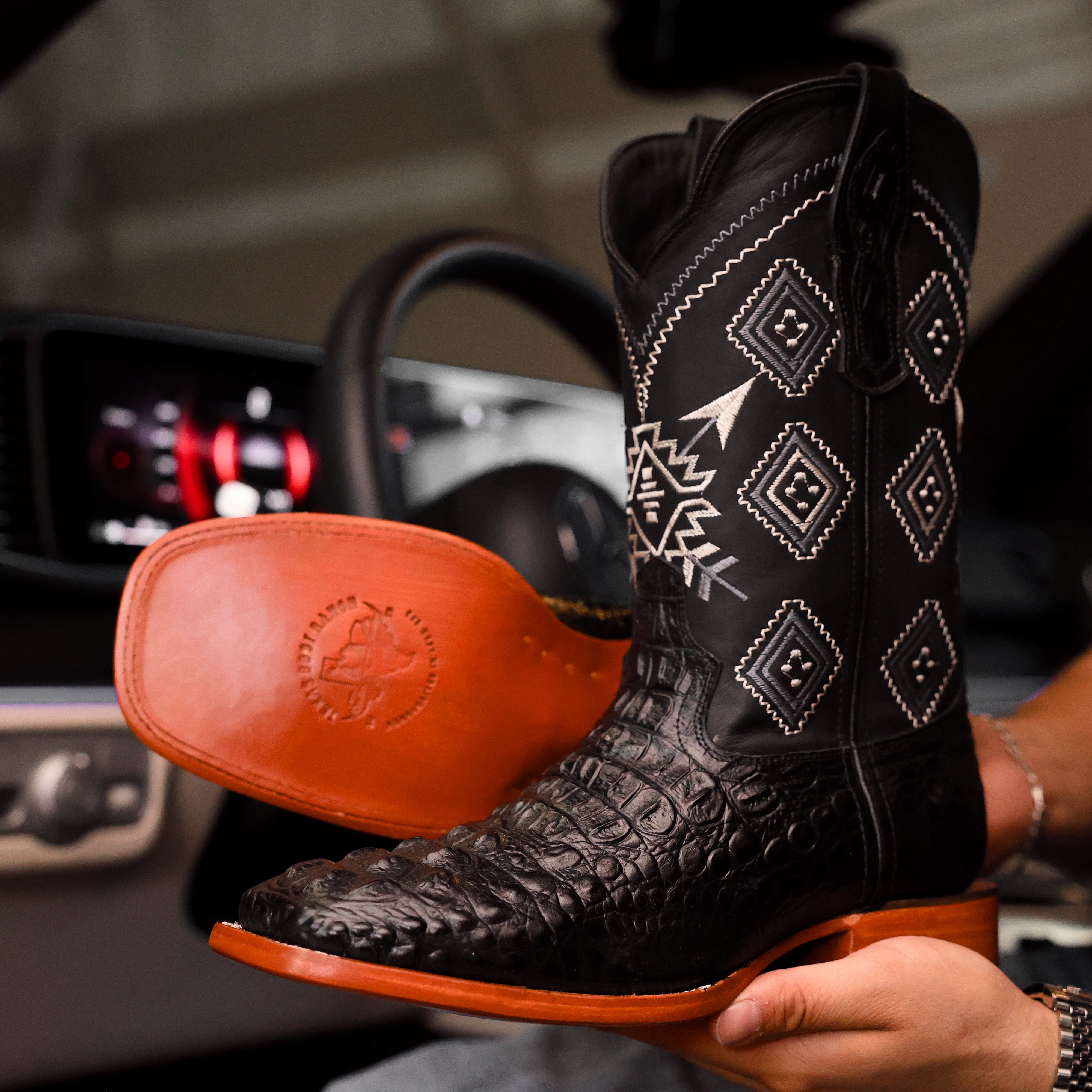 Black Caiman Neck Leather Boots - Square Toe