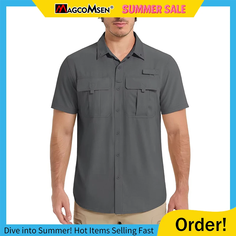 MAGCOMSEN UV Block Fishing Shirts Mens Short Sleeve UPF 50+ Sun Protection Button Shirt Quick Dry Breathable Shirt Hiking Safari