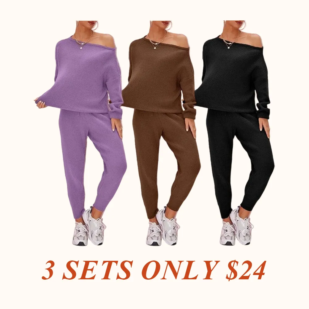 Women's 2025 Fall Winter Knit Set Oversized Sweater & Lounge Pants Matching Sets