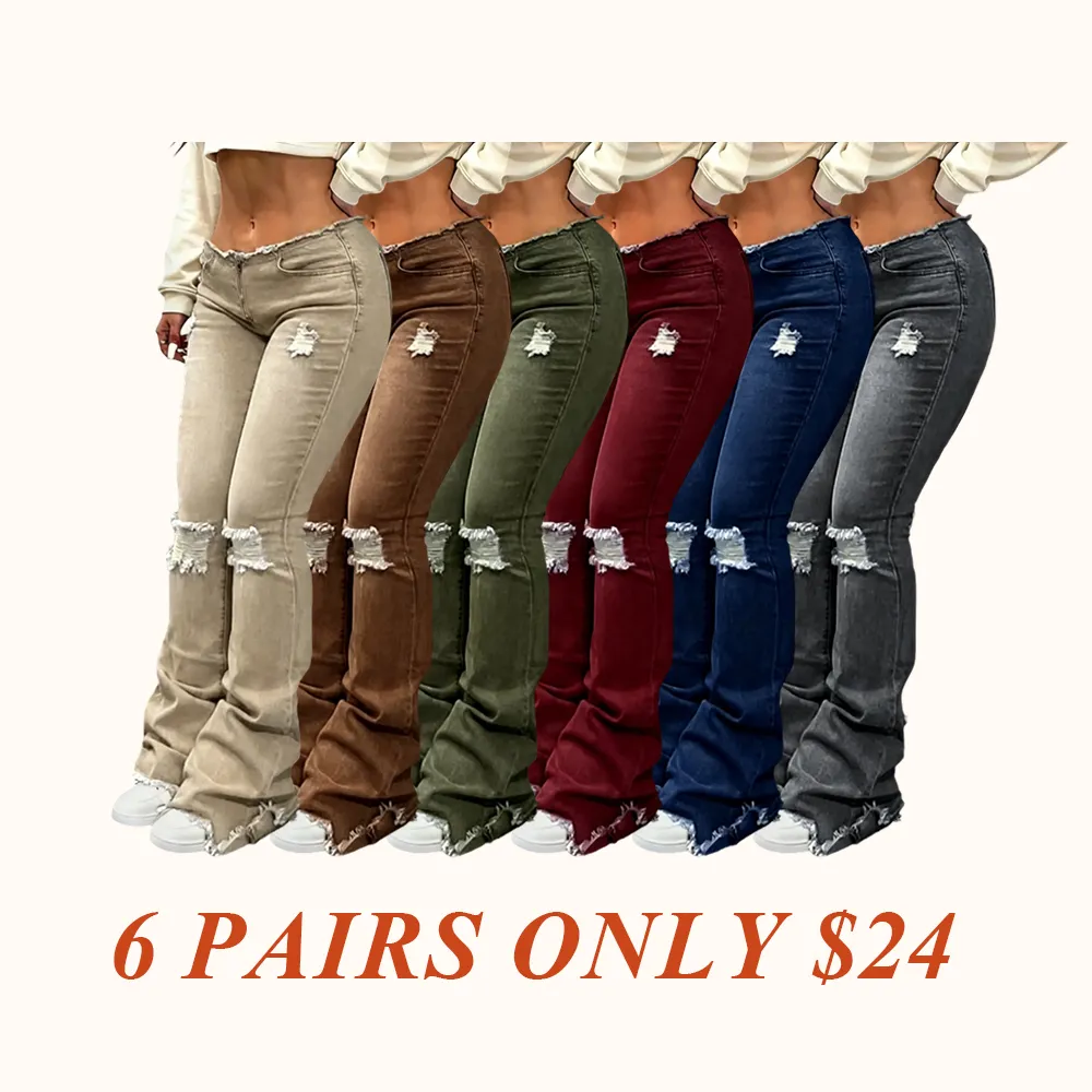 Women's Plain Ripped Flared Jeans, Street Fashion Casual Denim Pants for Daily Wear