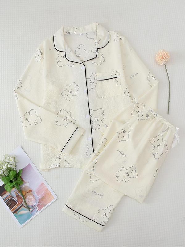 Women's Button Front Blouse & Bow Front Contrast Binding Pants Pyjama Set, Casual Long Sleeve Lapel Top & Trousers, Summer Outfits 2024, Sleepwear for Spring & Fall, National Day Offers