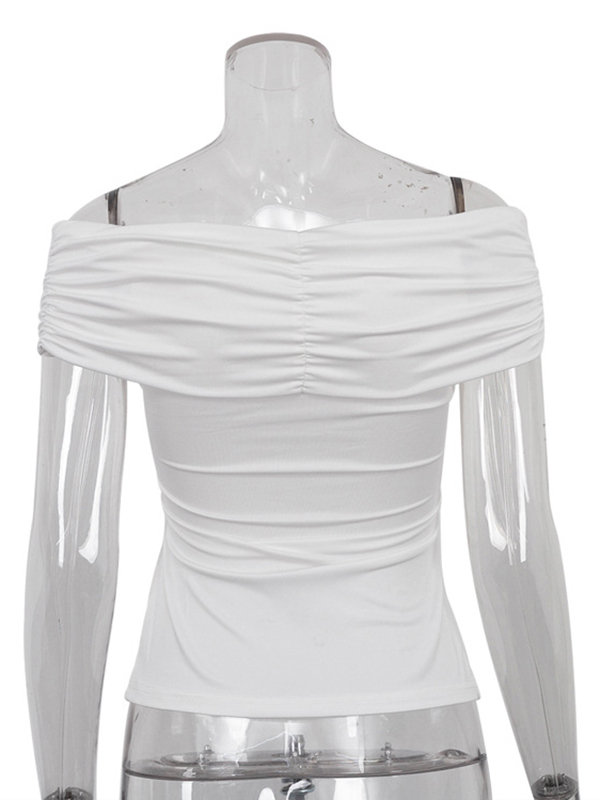 Knot Pleated Solid Color Split-Joint Short Sleeves Skinny Boat Neck T-Shirts Tops