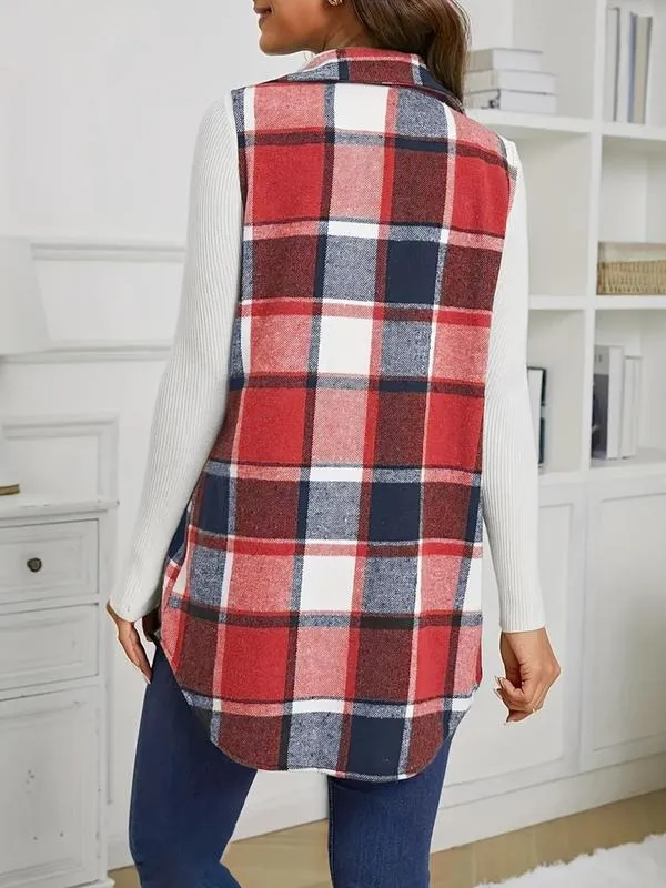 Women's Plaid Print Button Front Vest Coat
