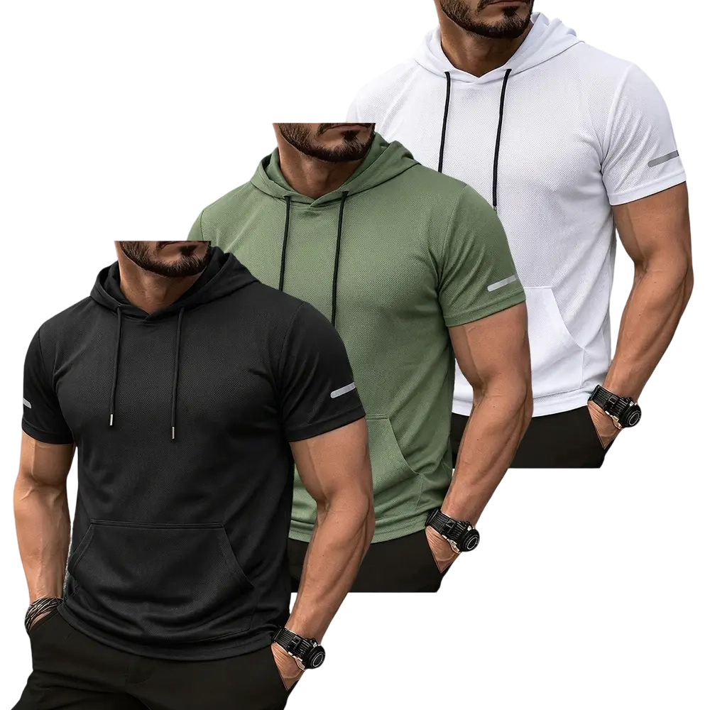 9-Pack Men’s lightweight outdoor hooded T-shirt in smooth mesh fabric—practical for morning runs and hiking