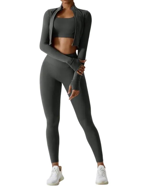 Women’s 3-Piece Workout Set – Sports Bra, Leggings & Zip Jacket with Thumbholes