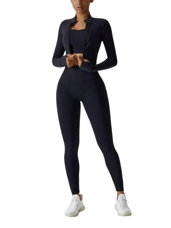 Women’s 3-Piece Workout Set – Sports Bra, Leggings & Zip Jacket with Thumbholes
