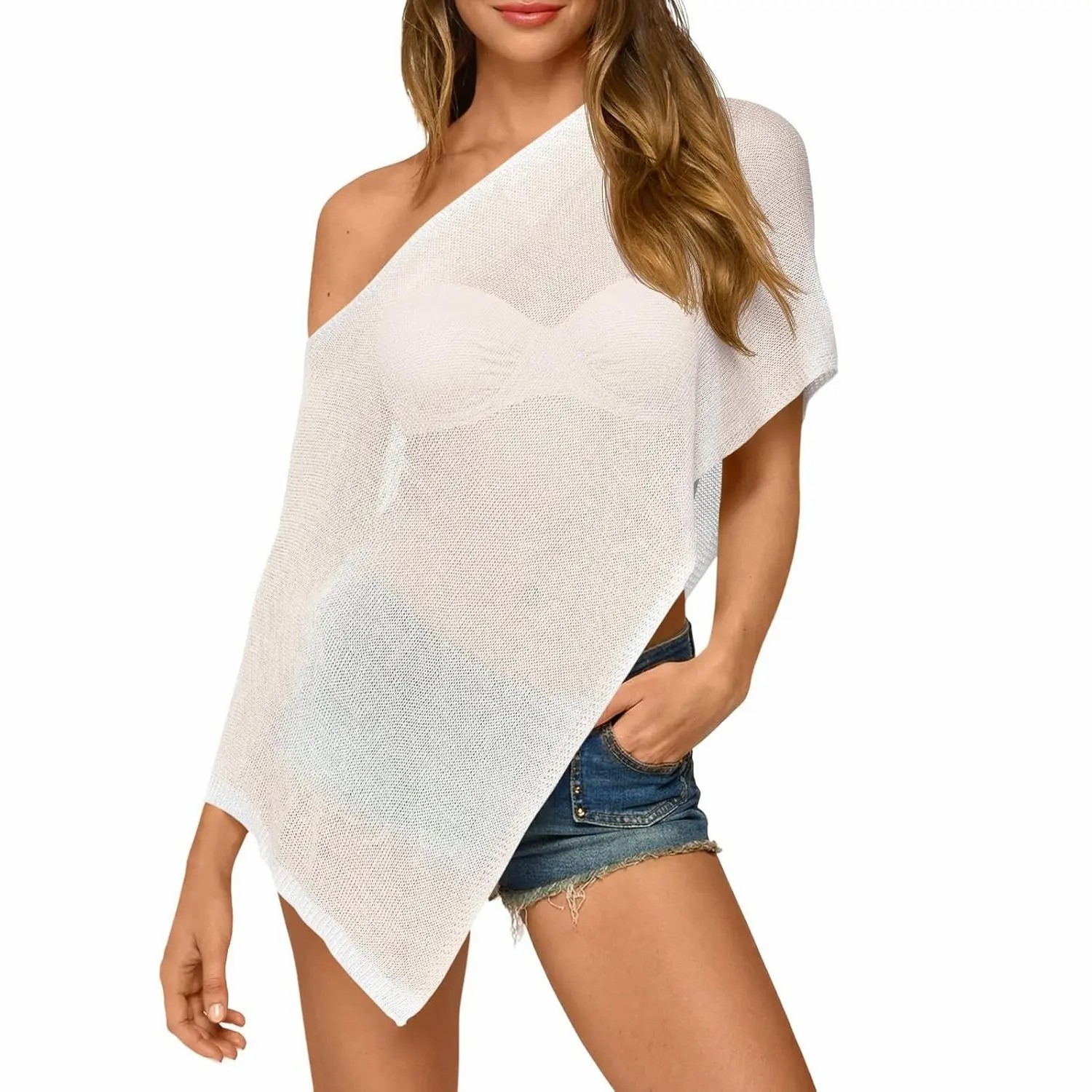 Womens Sheer Poncho Top Lightweight Knit Bolero Shrug Mesh Off The Shoulder Y2K Going Out Beach Swimsuit Coverup