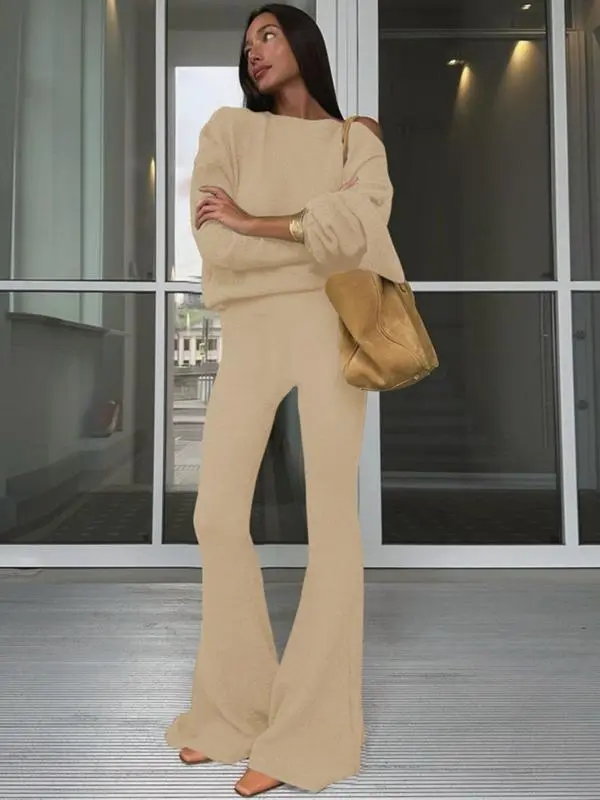 Women's Solid Asymmetrical Neck Top & Flare Leg Pants Set