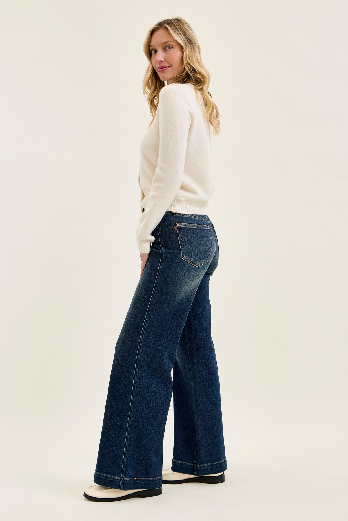 Lux Vintage Brushed Blue Wide Leg with Welt Pockets