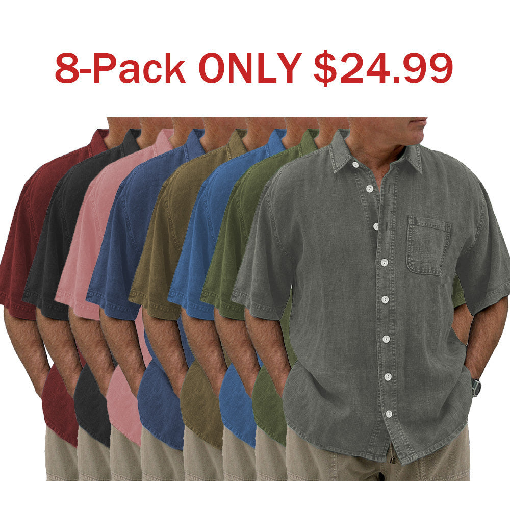 8-Pack Men's vintage cotton linen pocket short-sleeved shirt