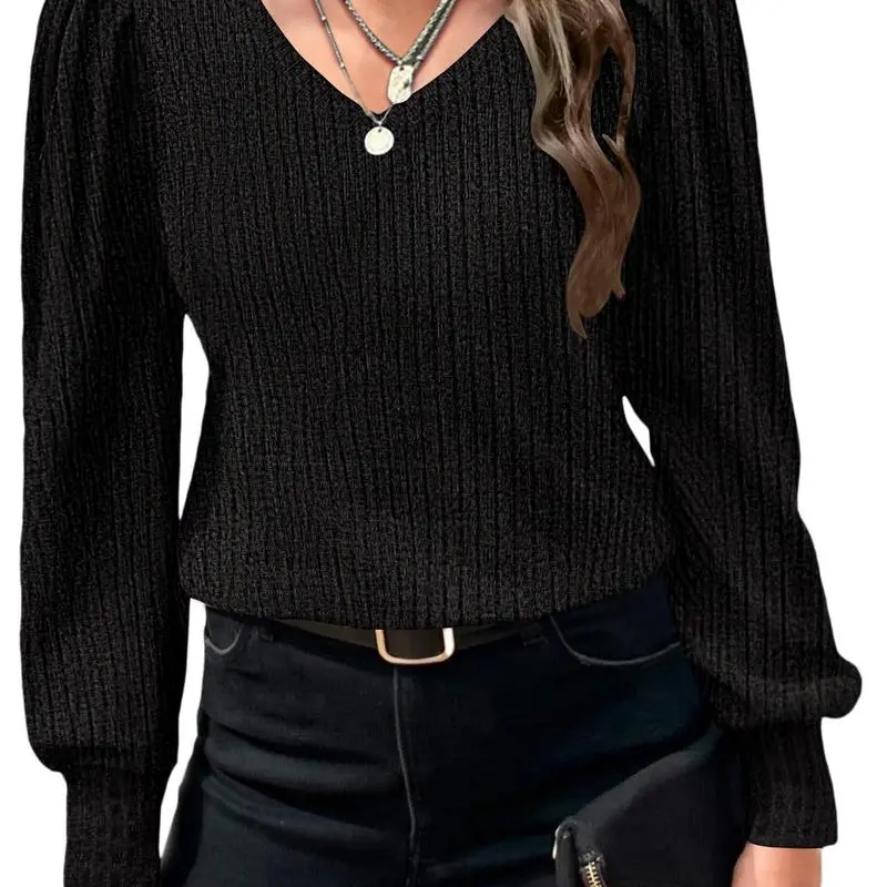 Women's Knit Shirt Soft Puff Long Sleeve Blouse Tops