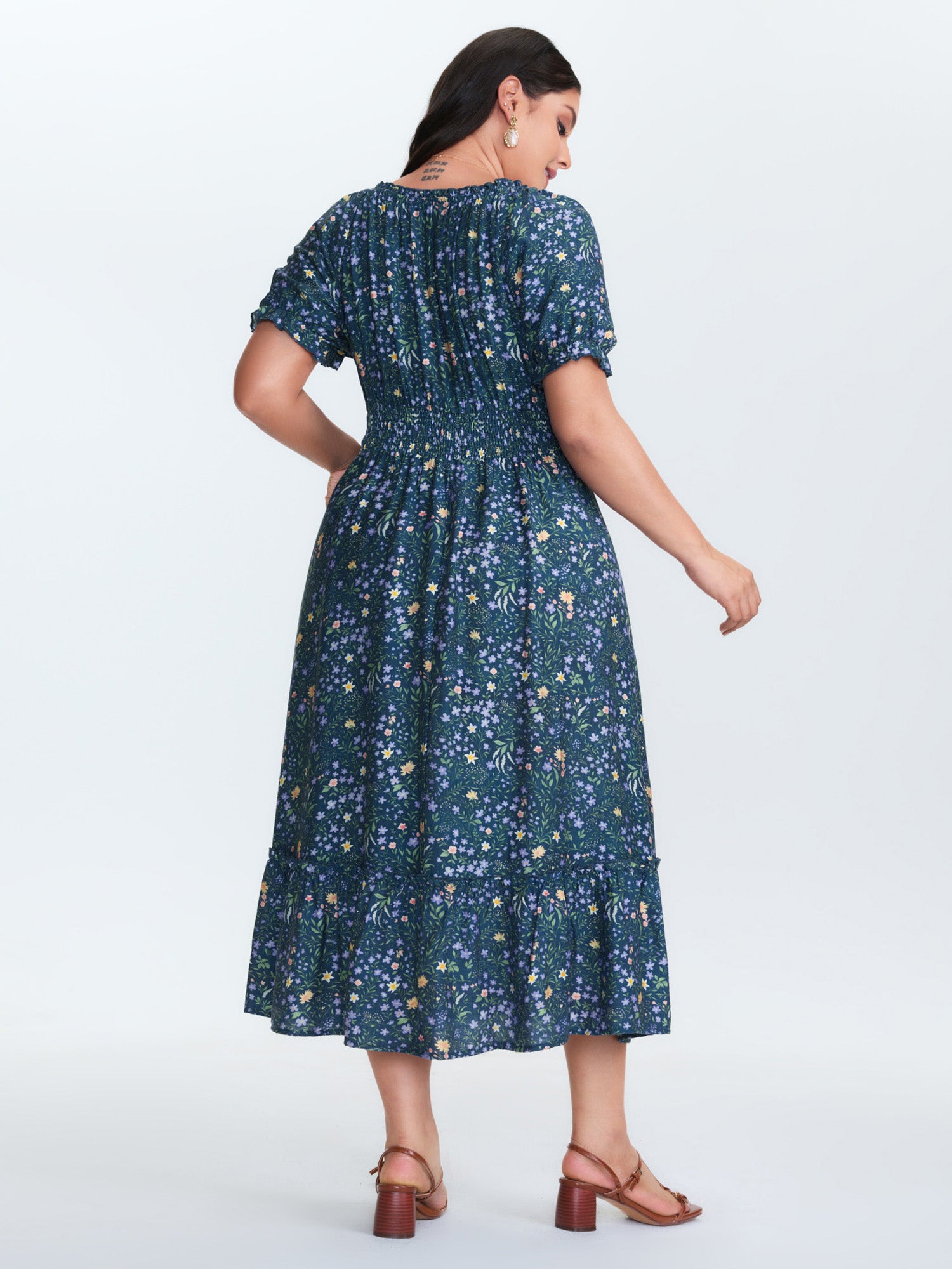 Floral Print Puffy Sleeve Cinched-Waist Midi Dress