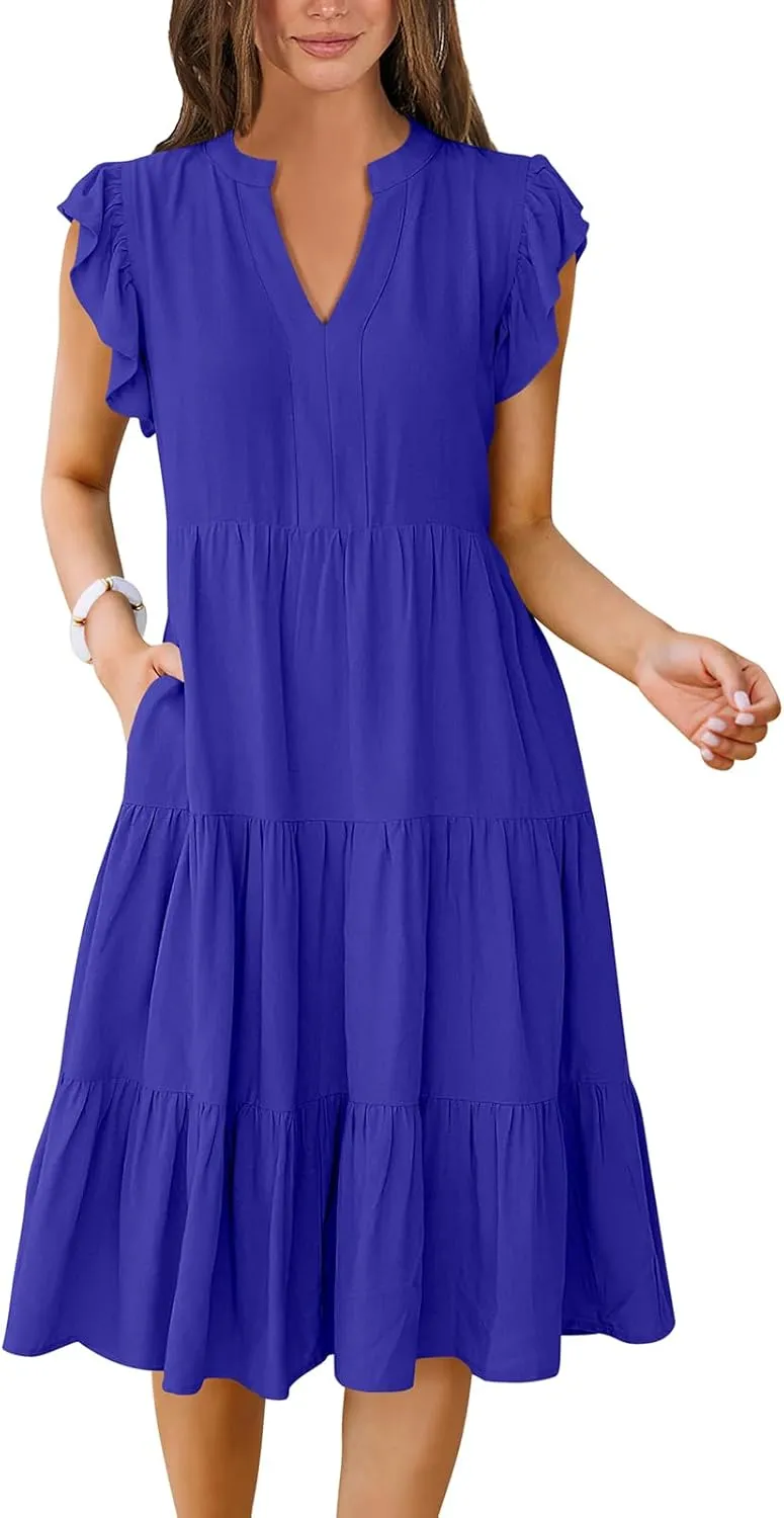 Women's Ruffle Sleeve V-Neck Tiered Midi Dress