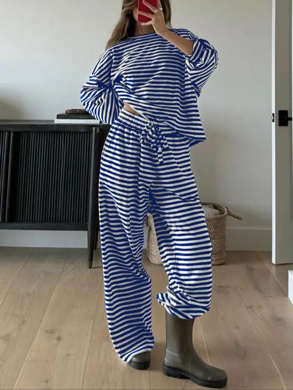 Women's Casual Striped Long Sleeve Top & Pants Set