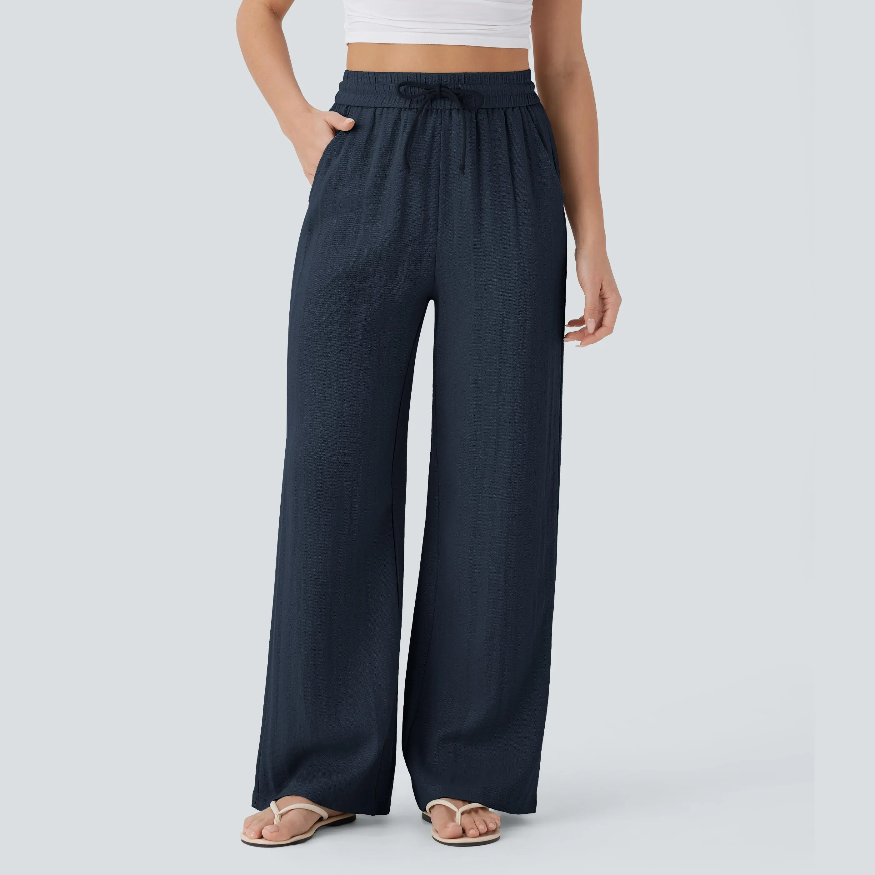 High Waisted Drawstring Pocket Wide Leg Casual Linen-Feel Pants