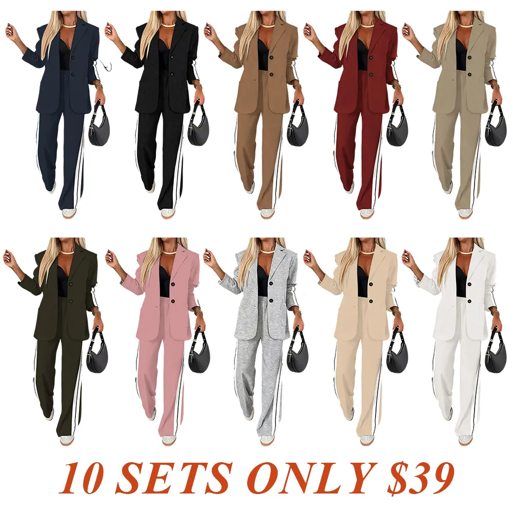 Women's Striped Print Blazer Jacket & Wide Leg Pants Set