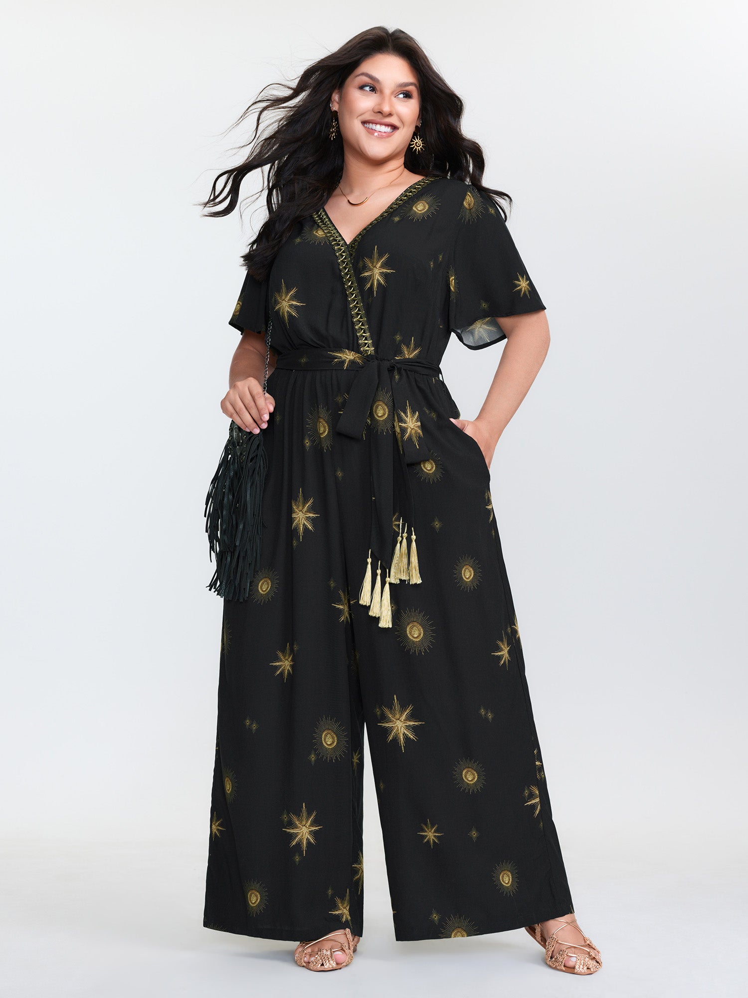 Star Moon Pattern Belted Jumpsuit