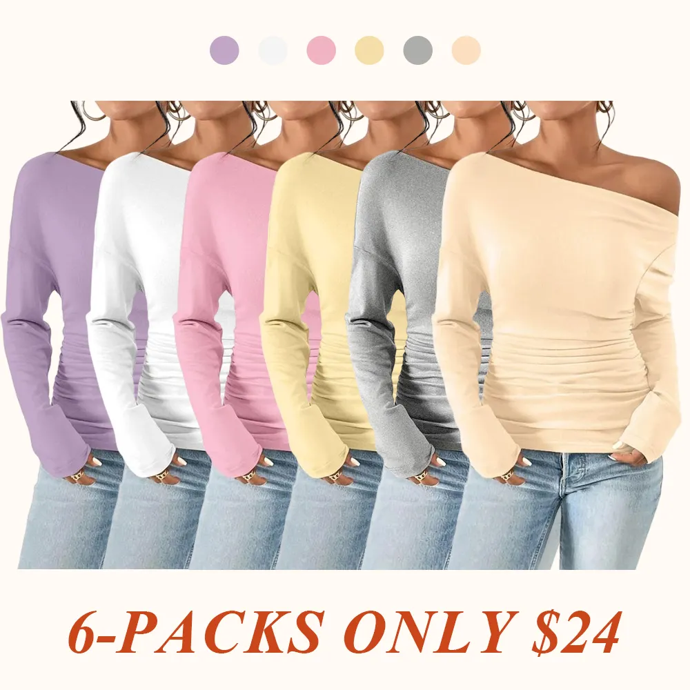 Women's Plain Ruched Asymmetrical Neck Drop Shoulder Tee