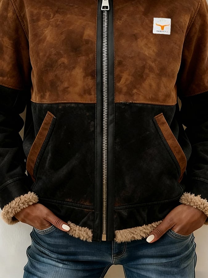 Women'S Casual Color-Blocked Fleece-Lined Warm Jacket