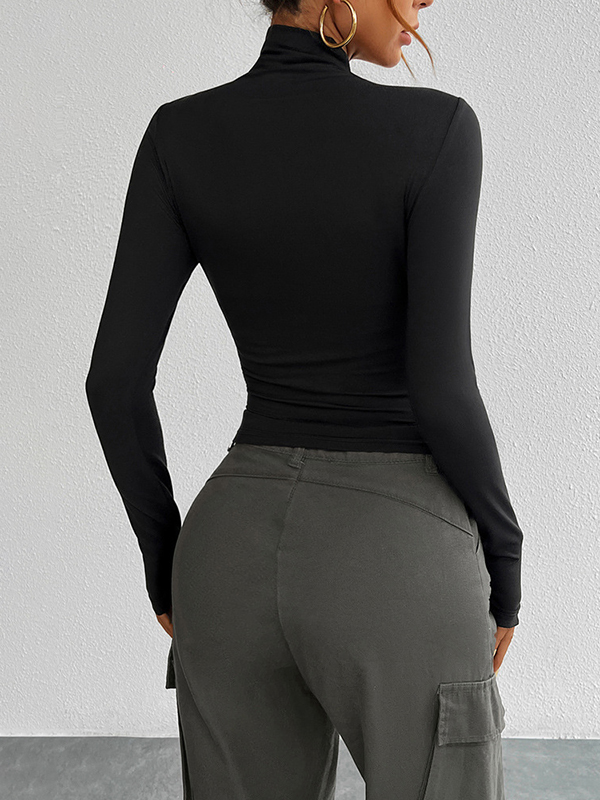Solid Color Long Sleeves Skinny High Neck T-Shirts Tops