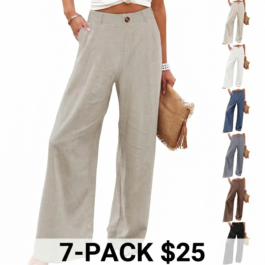 Women's High Waisted Wide Leg Linen Pants – Casual Button Up Cotton Trousers