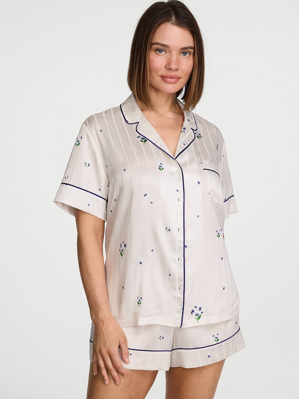 Signature Satin Short Pajama Set Coconut White Floral