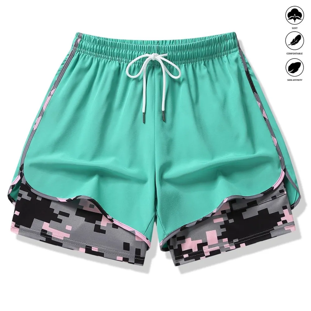 Women’s casual athletic shorts with built-in liner, drawstring, elastic waistband—suitable for outdoor sports, fitness