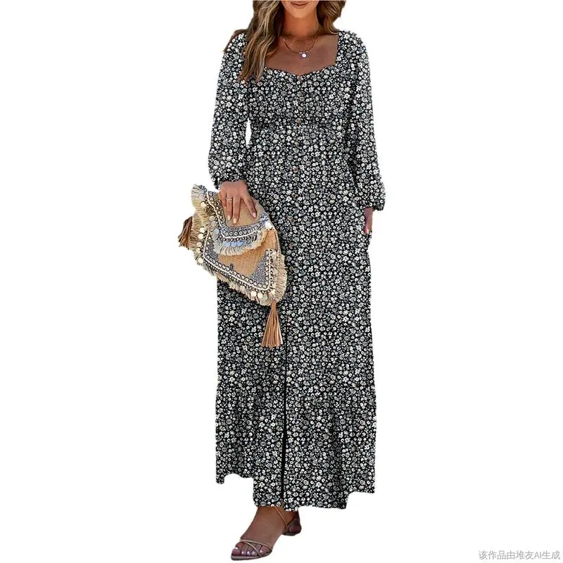 Boho Floral Smocked Square Neck Long Sleeve Maxi Dress