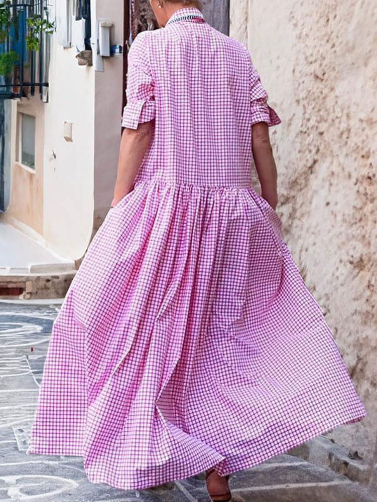 Women's Retro Plaid Button Down Maxi Shirt Dress(Buy 2 Free Shipping)