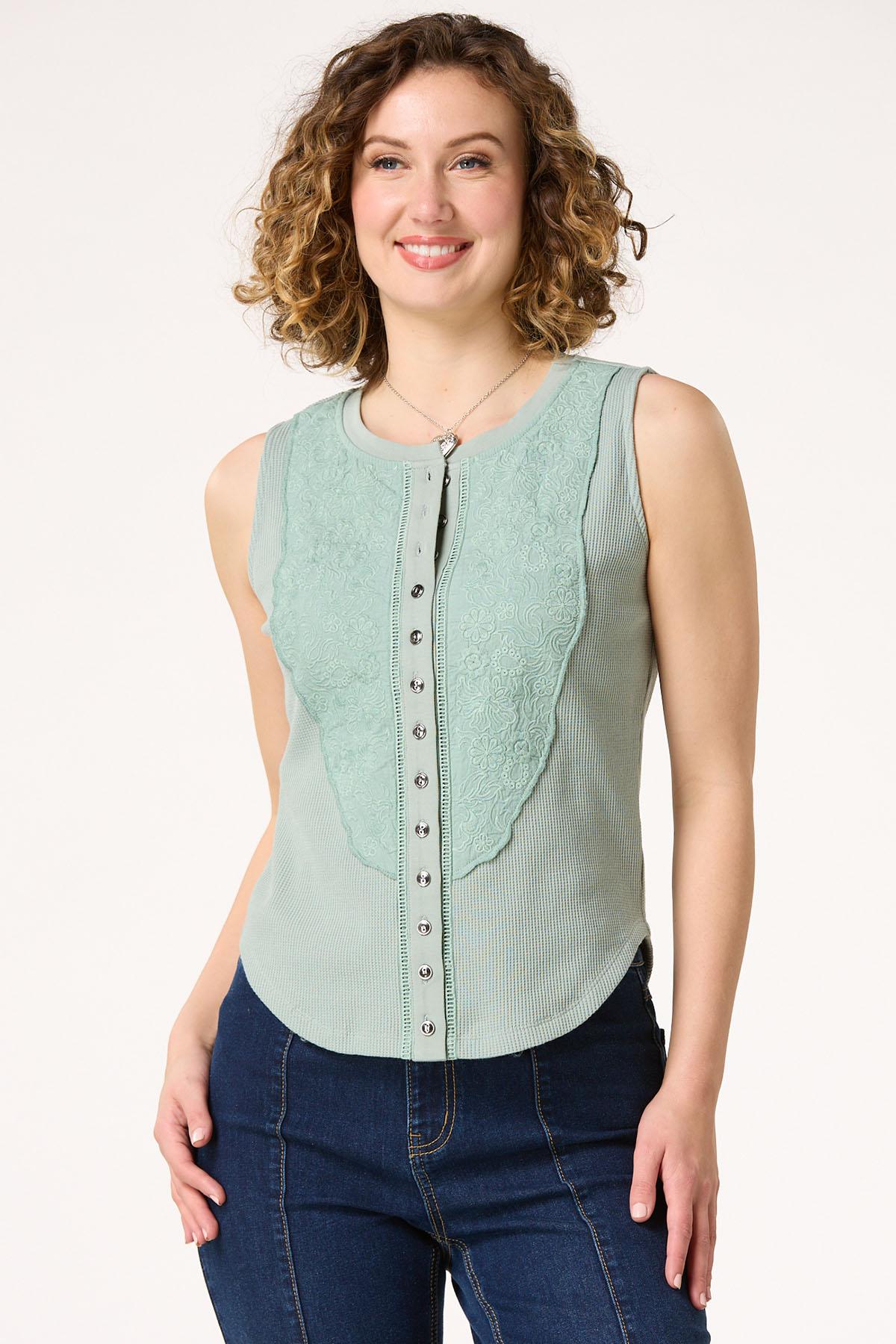 Embroidered Button Front Tank