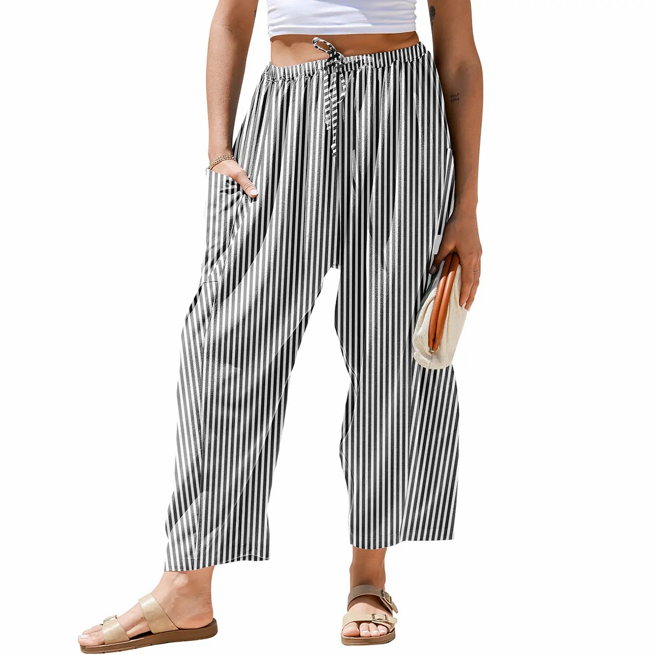 Women's Gingham Striped Wide Leg Pants – Low Waist Drawstring Palazzo with Pockets