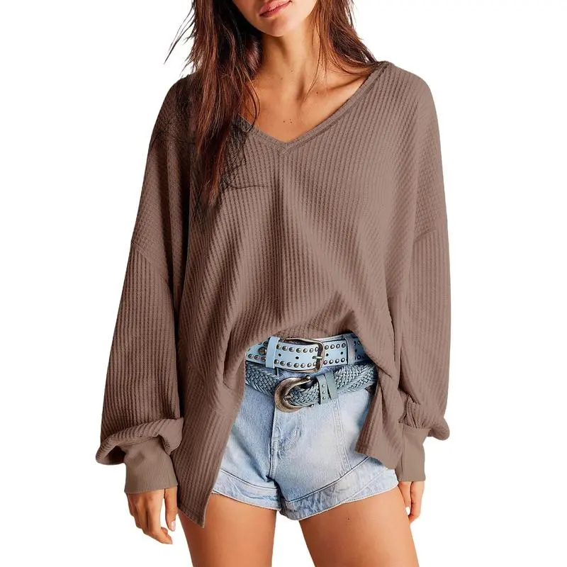 Women's Waffle Knit V-Neck Oversized Sweater