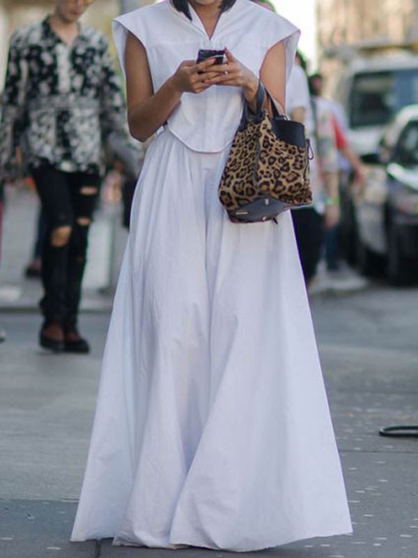 Cap Sleeve Loose Buttoned Solid Color Lapel Blouse Tops&Wide Legs Pants Bottoms Two Pieces Set