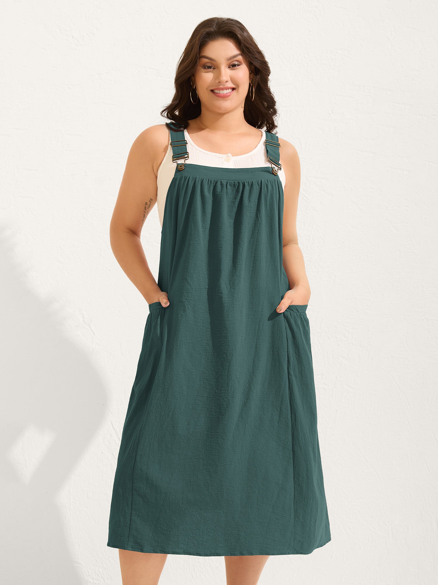 Pure Cotton Pleated Pockets Midi Dress